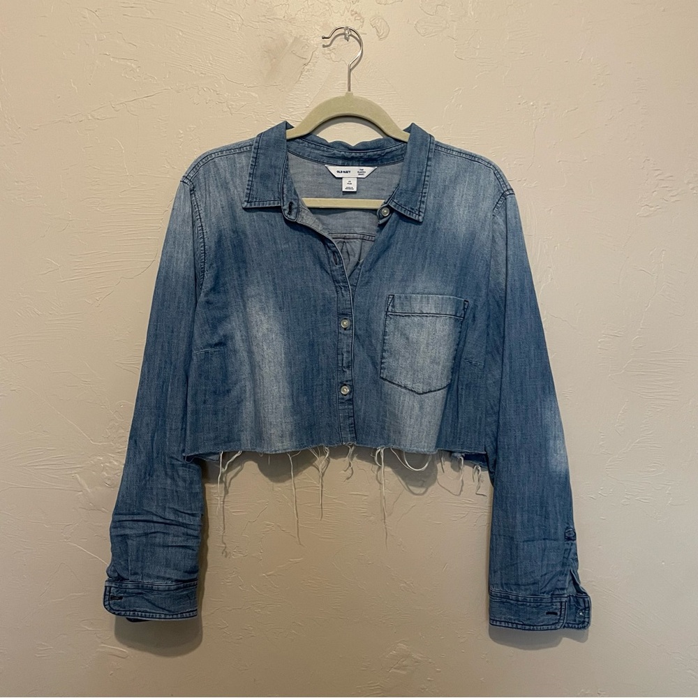 Old Navy Cropped Distressed Chambray Denim Button Down Shirt 2X